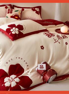 △婚四件房套床上用品红色结婚喜被婚礼贴喜庆布绣KTC婚新婚庆纯