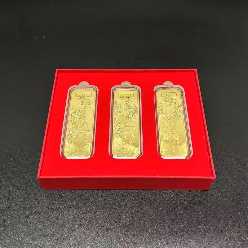 一sq-267鹿发财镀富摆件一路发合财三枚金金条纪念章金金金属工艺