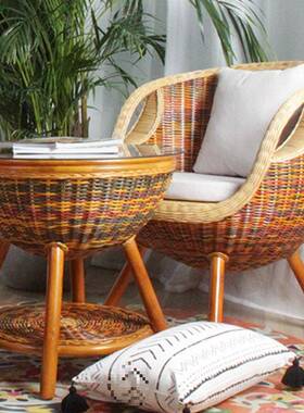 藤椅三件套阳台985小桌藤椅休闲真椅人子靠背单椅茶几组合藤编椅t