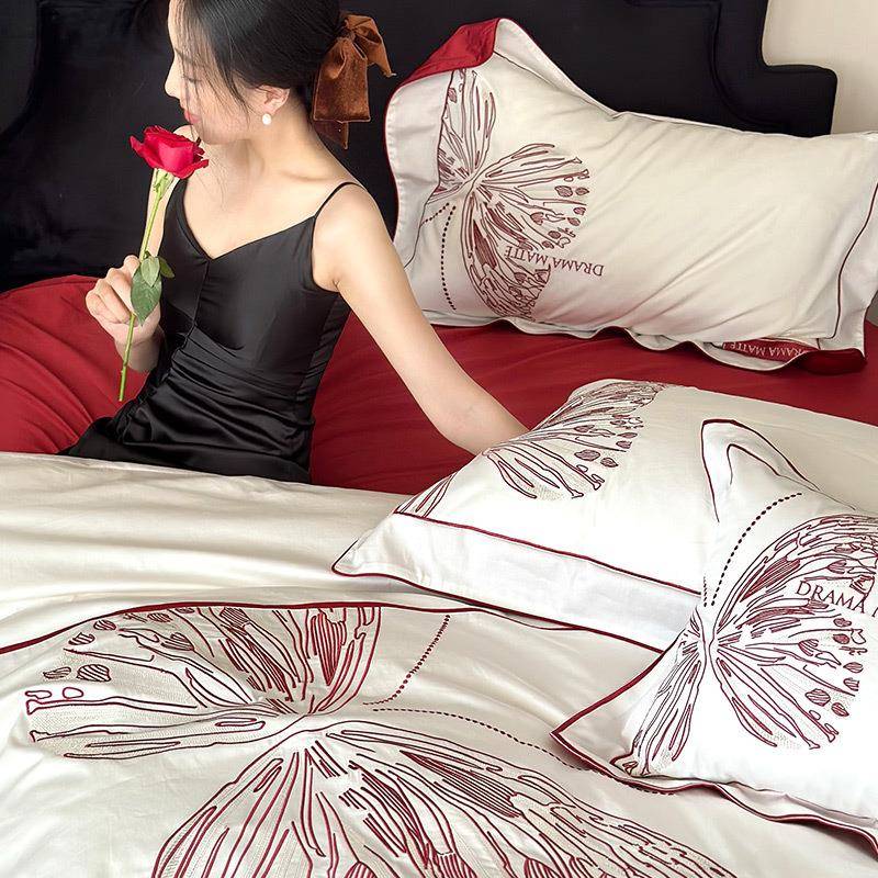 红色长绒棉婚庆全棉四件蝴蝶刺OOT绣结婚纯棉套床单婚嫁床套上被