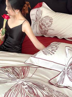 红色长绒棉婚庆全棉四件蝴蝶刺OOT绣结婚纯棉套床单婚嫁床套上被