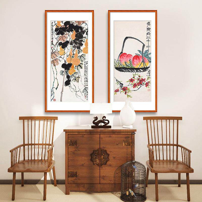 新中式客齐厅装饰画白餐石水果水墨荔枝寿桃挂RQJ画书房国画厅画