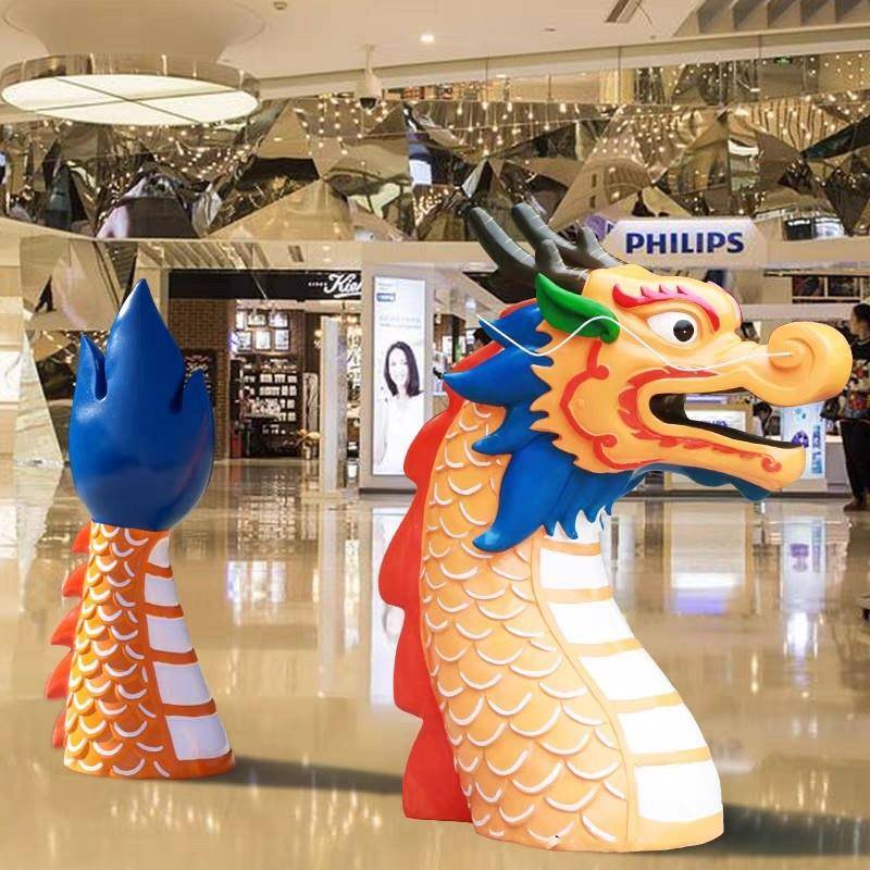 仿钢真雕玻塑璃端午节赛龙舟商场超FRL市售楼龙头龙尾柜龙台装饰