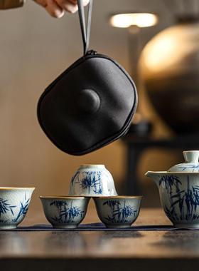 套哥装窑青竹快客杯陶xf030瓷车载户外旅行茶具一壶四杯花小便携