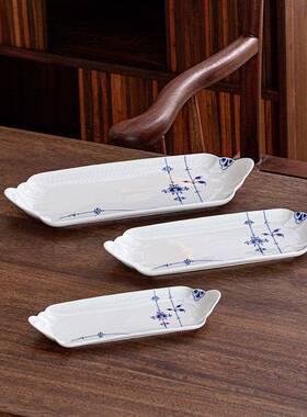 青花纹长方盘早餐盘釉下彩糕点盘下草午茶托点心盘法式唐白PGR瓷