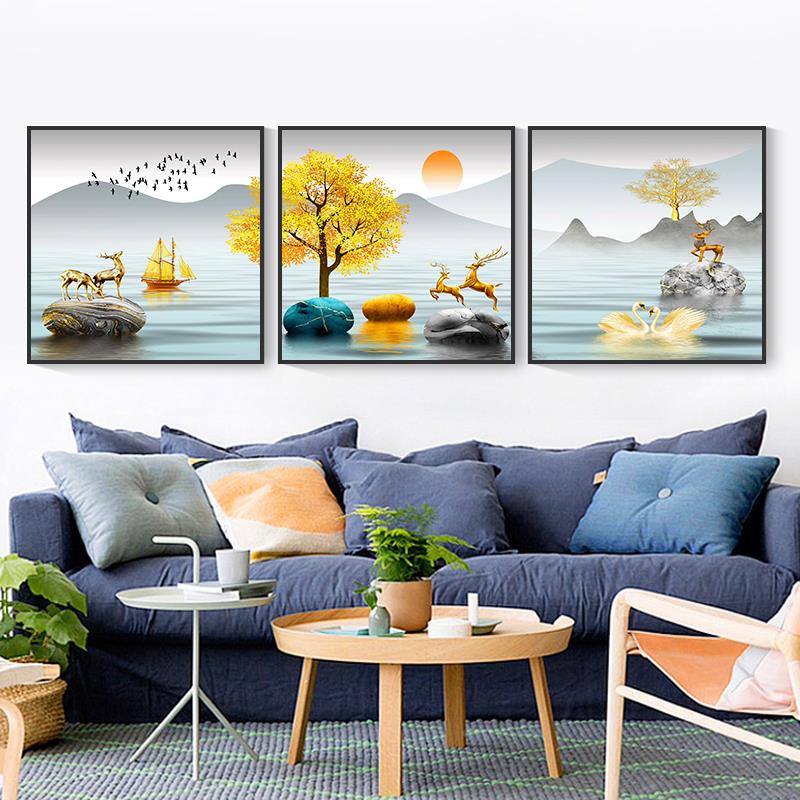 欧客三厅沙背景墙壁装饰北画现代简约正YIP方形联家居抽象麋鹿发