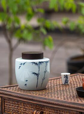 手YXM绘红竹影红陶檀瓷茶叶罐黑木蓝盖密封罐茶叶通用包装绿茶茶