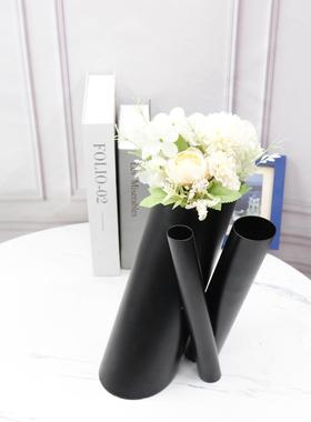 居现简约线条三管花器造型黑色异形家花桌瓶代样板房客厅书房办公
