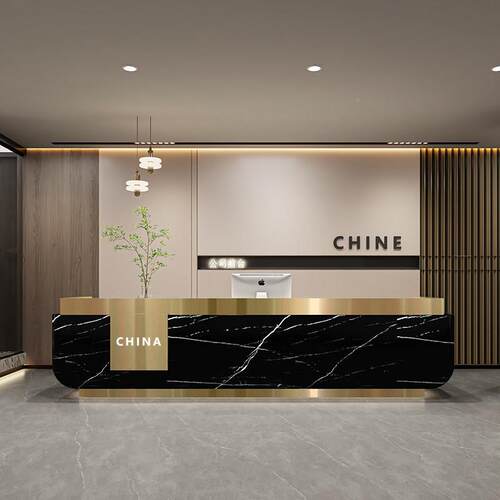 公台司烤物业酒店前台接待石大理吧台高端会所岩板不锈钢漆564842