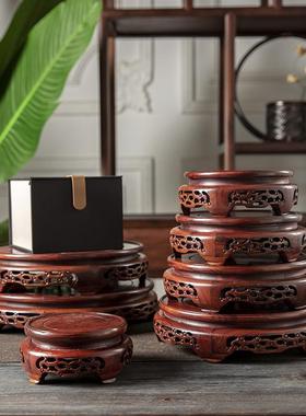 00111红色实木圆形底座花花盆底盘奇佛石像鱼架缸底托木子木质瓶