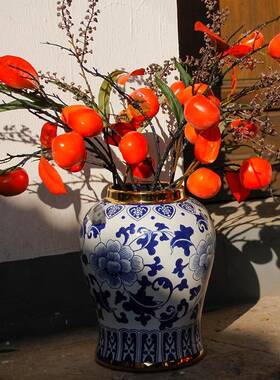 青花瓷描厅金肚陶瓷器摆件客插花新中式复古餐TNI桌器百合大花储