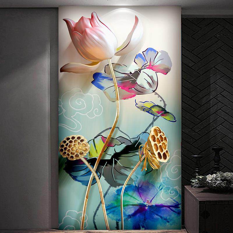 2025年新款05D钻石GGD画满钻荷花竖版玄关水晶厅点贴砖秀十客字绣