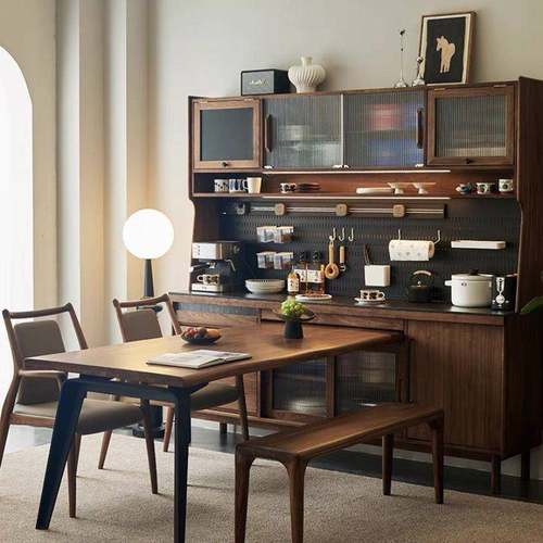 实木北美橡胶木酒餐边柜厨客厅高橱KUY柜一体储物柜柜房靠墙岩板