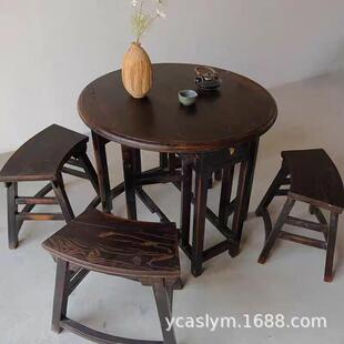 新中式茶桌棋家木用小户型折叠圆桌AS老榆实木木餐桌牌桌民宿喝原