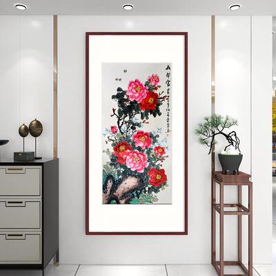 牡丹挂画饰竖玄关廊装画中式客厅走尽头过道墙壁画花BOU版开富贵