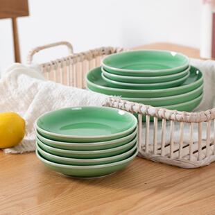 龙泉青瓷盘菜创意骨盘YQW子纯子色早餐盘陶瓷西餐盘家碟用摆平盘