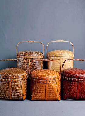手工竹编带盖织食盒复包古编提CUR篮茶叶装传盒统饭篮禅意收纳茶