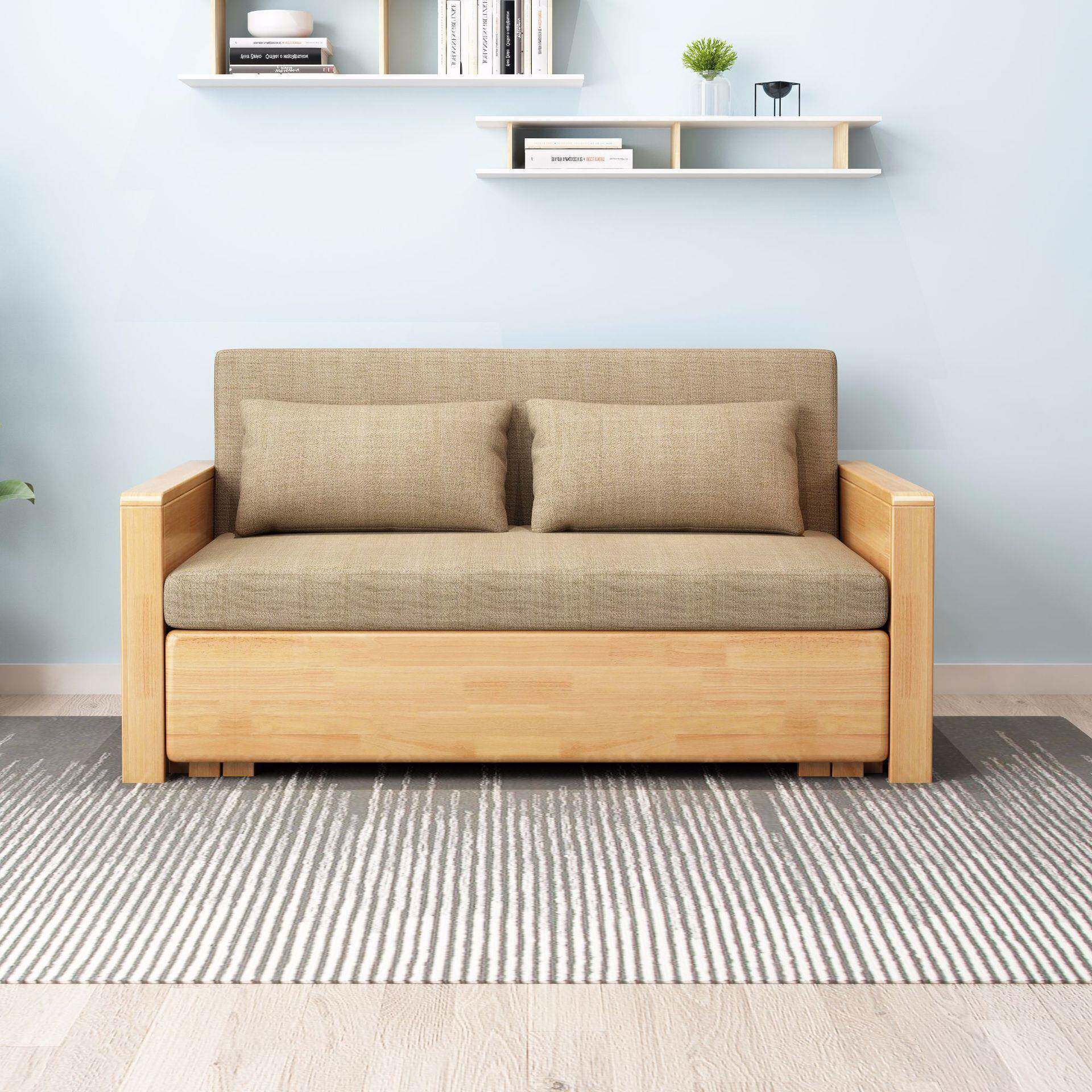 现代简约客厅推实木沙发双位软包沙发拉人式成床FSQ床沙发