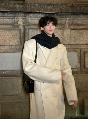 冬装韩国米色毛呢大衣男时尚长款过膝设计感呢料气质风衣加厚外套