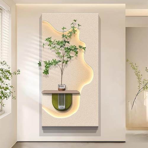 水培绿植奶油风入户玄关装饰画砂岩立体走廊过道挂画客厅壁画灯画