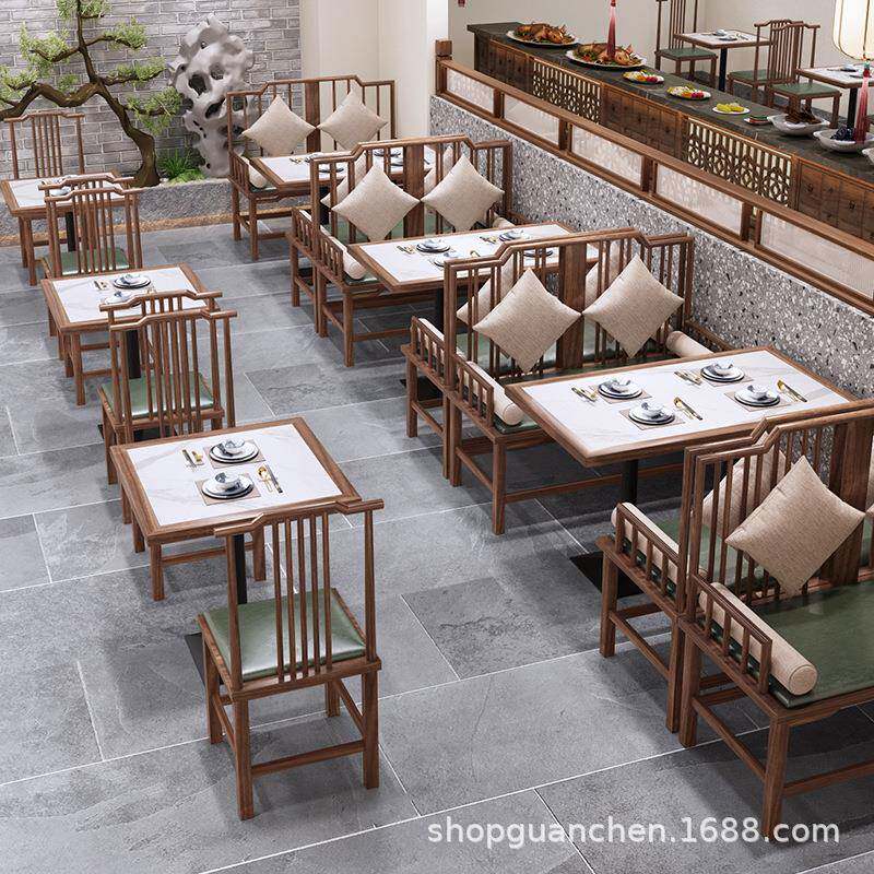 新中式卡座沙发餐厅大圆形湘菜馆早茶楼火锅烧烤店实木岩板餐桌椅