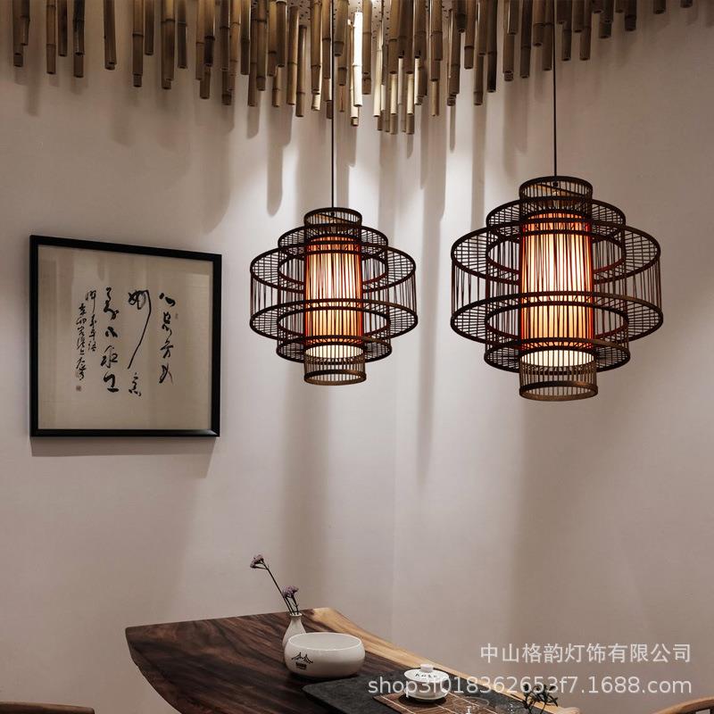 大气程包厢间茶圆桌餐吊灯中786厅式风格大楼厅民宿竹编圆卡大工