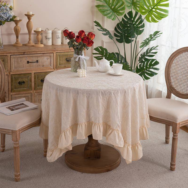 式全棉绣防花黑白水防油摆荷叶裙木耳24072201边茶几台法布餐桌布