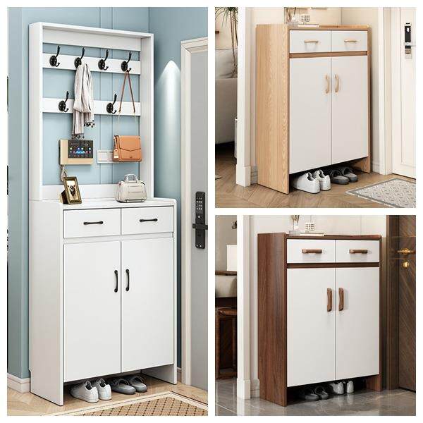 实木鞋柜家用门口多功能门厅柜全白色原木色带衣架大容量储物柜J^