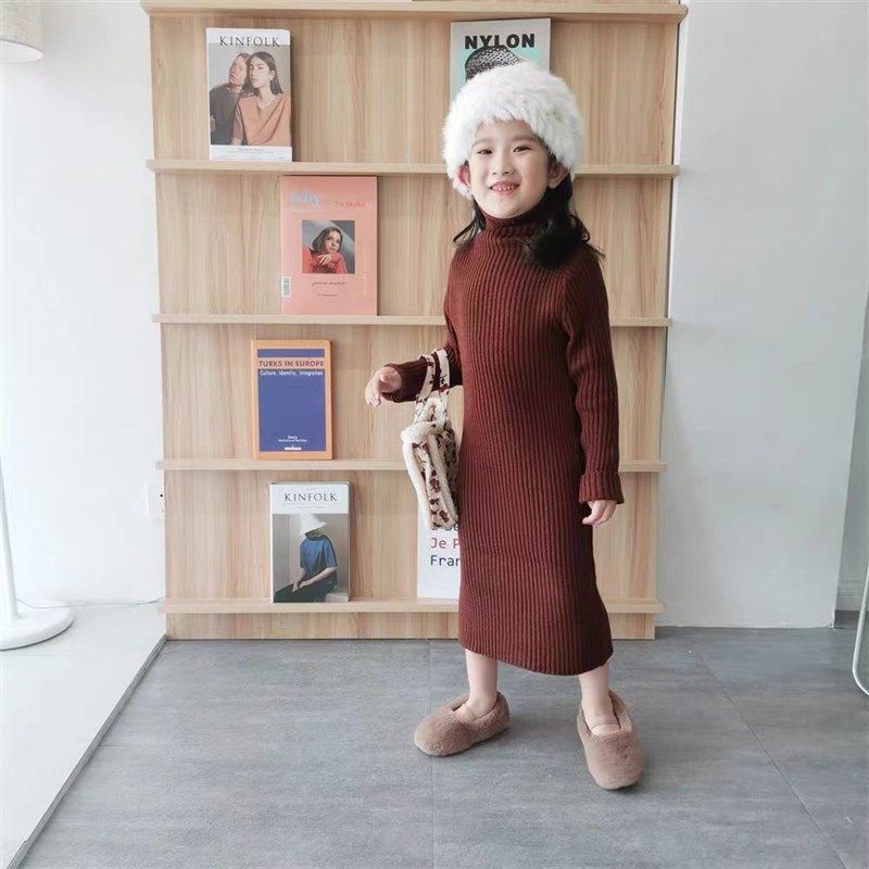 儿童2024秋冬季时尚新款女童针织高领毛衣中长款打底连衣裙套头