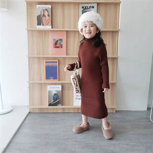 儿童2024秋冬季时尚新款女童针织高领毛衣中长款打底连衣裙套头