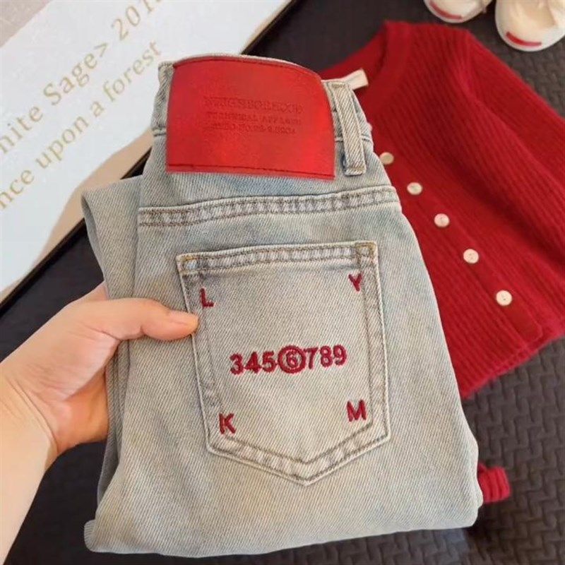 女童中大童装浅蓝色牛仔裤春秋款2024新款复古水洗贴标阔腿牛仔裤