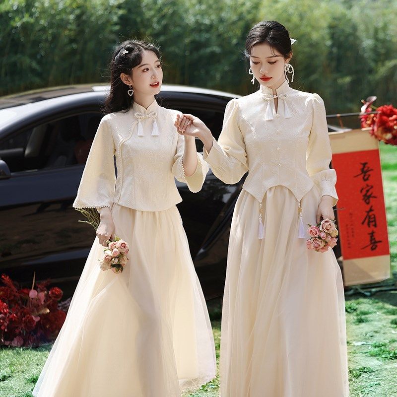 中式伴娘服女2024新款秋冬季姐妹小个子礼服高级感平时可穿伴娘裙