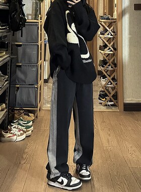 黑色修容牛仔裤女高腰春秋大码胖mm宽松显瘦直筒阔腿梨形身材裤子