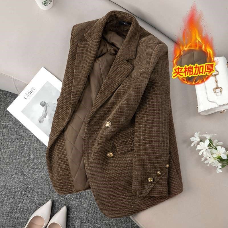 红色夹棉小西装外套女高级感2024新款秋冬季加厚气质休闲毛呢西服