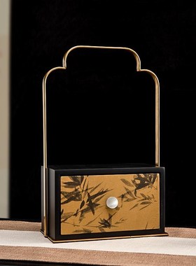 新中式手提盒摆件茶桌金属木质收纳盒酒店样板间茶室禅意软装饰品