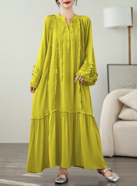 法式紫色长袖连衣裙女春秋大码胖mm木耳边拼接系带过膝大摆长裙子