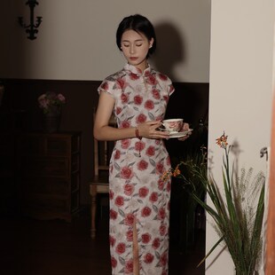 喵吉新中式国风修身收腰日常改良旗袍裙小个子长款碎花连衣裙女夏