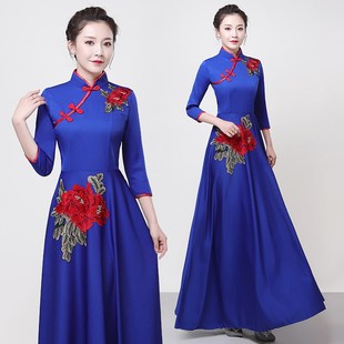 旗袍2022长款礼仪小姐迎宾服长款舞台走秀大合唱演出服酒店礼仪服