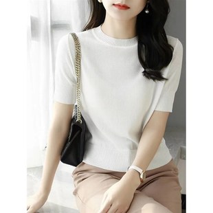 高级法式半高领短款t恤上衣女夏季2024新款修身短袖针织打底衫薄