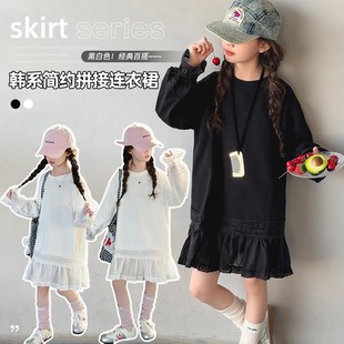 女童中长款蕾丝内搭打底衫2025新款春秋季长袖卫衣连衣裙上衣洋气