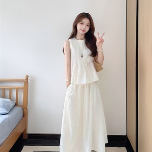 夏装搭配一整套洋气高级感新中式白色无袖短款上衣半身裙两件套女