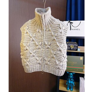 加厚纯手工编织粗棒针织毛衣马甲背心女秋冬外搭无袖拉链开衫马夹