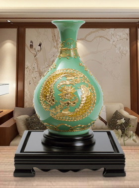 年年有余玉壶春淡绿瓶 金箔漆线雕工艺品摆件创意博古架装饰品