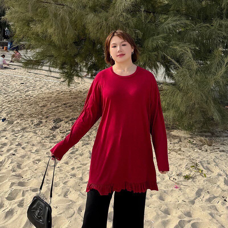 大码女装长袖T恤2025年春装款胖妹妹mm宽松长袖荷叶摆a字显瘦上衣