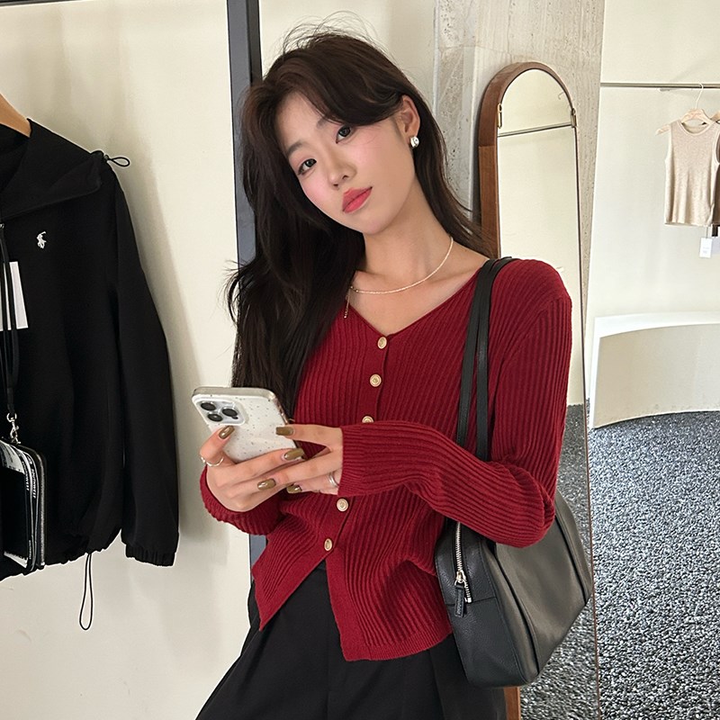 红色V领打底衫女装2025秋冬新款高级感毛衣内搭开衫外套上衣外穿