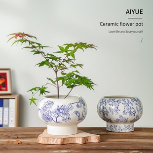 中国风青花瓷花盆陶瓷高脚手绘轻奢高级感球形蝴蝶兰流泉枫专用盆