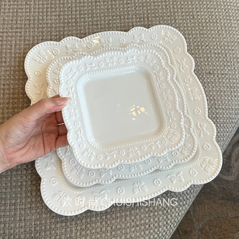 老板娘实物拍!欧式蝴蝶结浮雕大四方盘西餐盘正方形意面盘沙拉盘