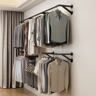 衣帽间架子上墙铁艺悬挂式金属衣柜壁挂式衣架开放简易卧室收纳架
