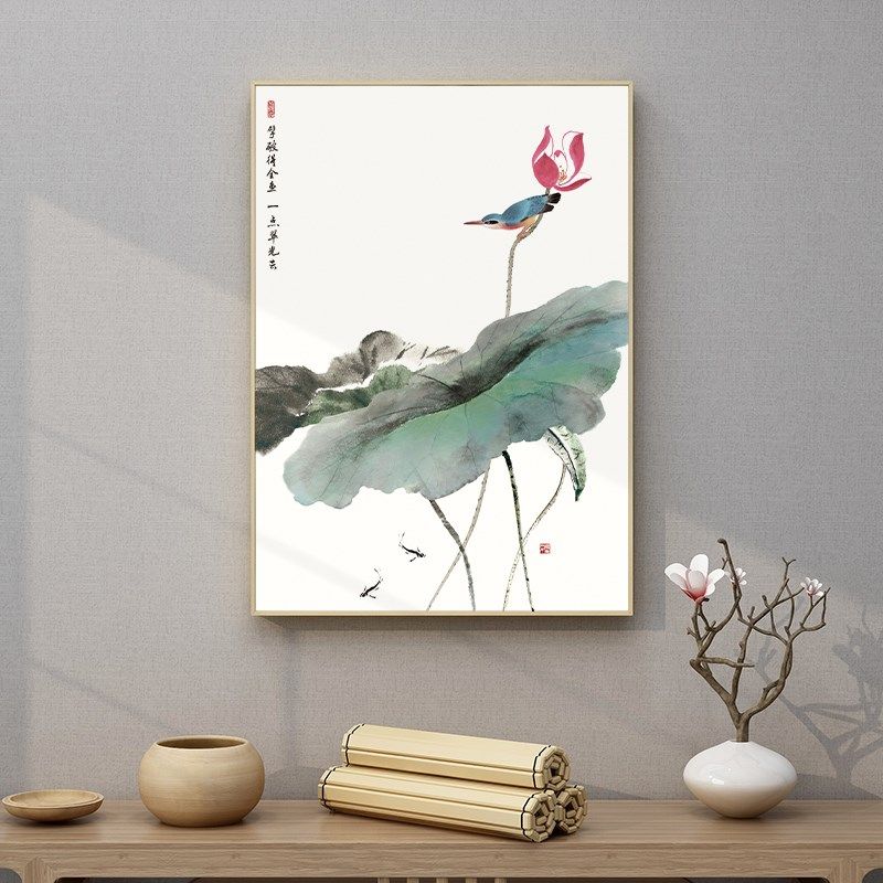 起贝荷花挂画喜鹊莲蓬画新中式客厅装饰画花鸟玄关壁画禅意水墨画