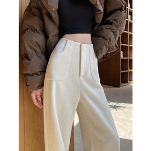 白色窄版阔腿裤女秋冬季加绒高腰垂感高级羊毛呢西装裤休闲直筒裤